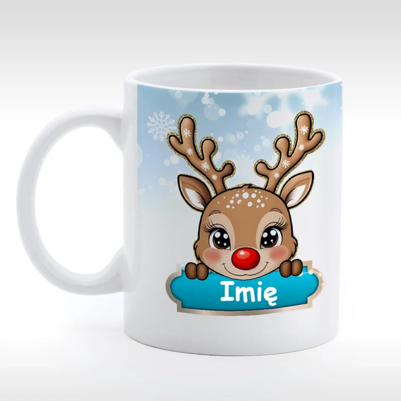 Kubek z niebieskim reniferem na prezent.