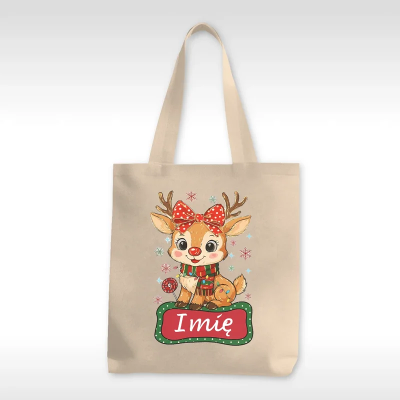 Torba materiałowa na święta z reniferem i imieniem.